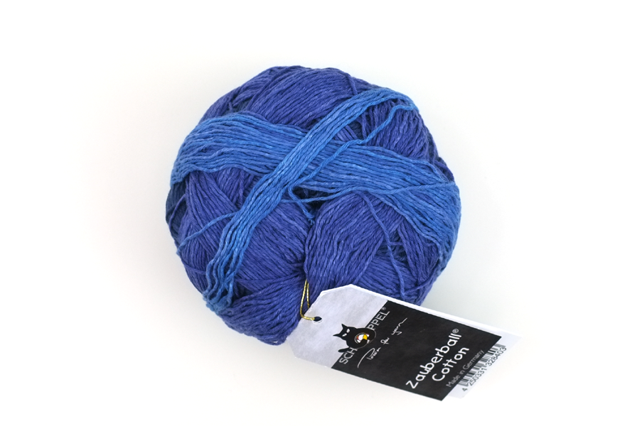 Zauberball Cotton, self striping yarn, color 2343 "Working Class" organic cotton yarn, blues, denim from Purple Sage Yarns