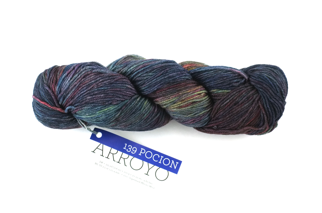 Malabrigo Arroyo in color Pocion, Sport Weight Merino Wool Knitting Yarn, red, navy, olive, gold, #139 - Purple Sage Yarns