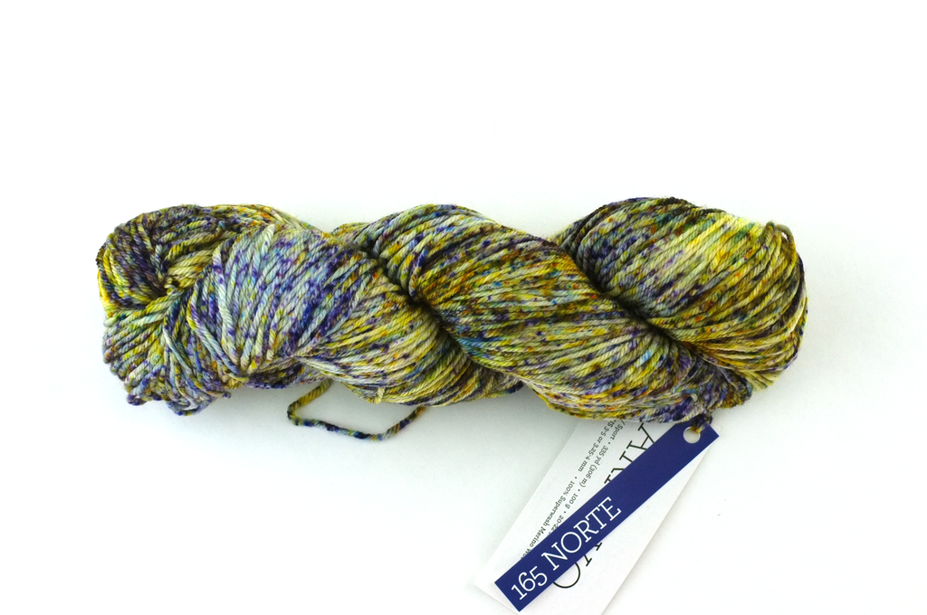 Malabrigo Arroyo in color Norte, Sport Weight Merino Wool Knitting Yarn, speckle dyed, purples, yellow, #165 - Purple Sage Yarns