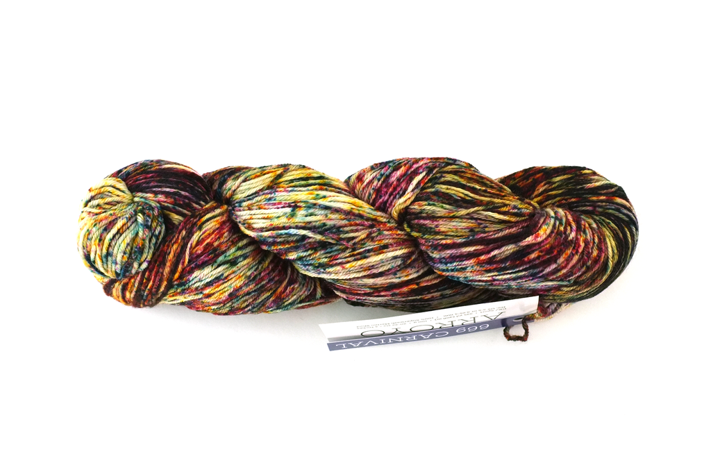 Malabrigo Arroyo in color Carnival, Sport Weight Merino Wool Knitting Yarn, wild speckle dyed in rainbow shades, #669 - Purple Sage Yarns