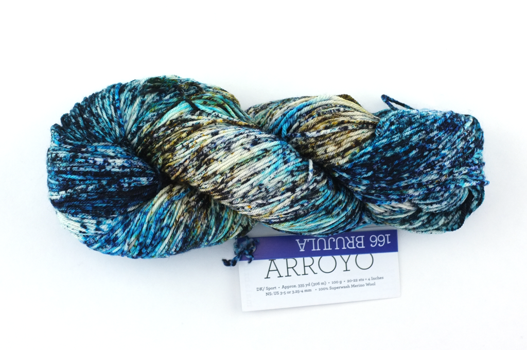 Malabrigo Arroyo in color Brujula, Sport Weight Merino Wool Knitting Yarn, speckle dyed, speckle dyed, teal, off-white, #166 - Purple Sage Yarns