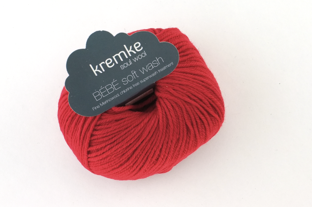 Bébé Soft Wash Baby Yarn, Cherry Red, a bright red, sport weight superwash merino wool from Purple Sage Yarns