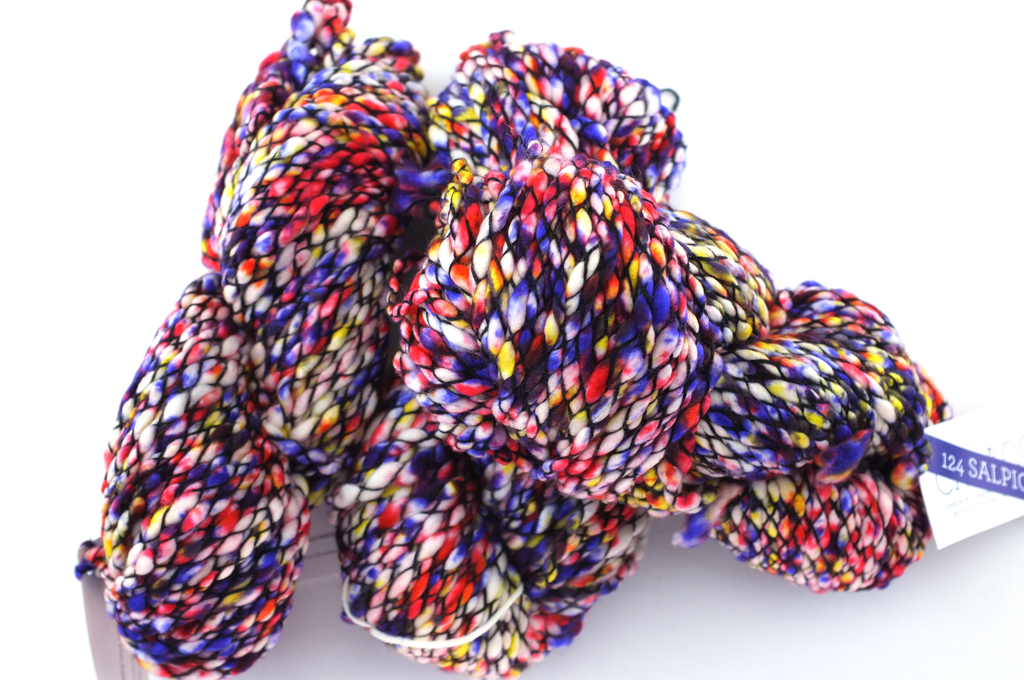 Malabrigo Caracol in color Salpicado, #124, Super Bulky thick and thin superwash merino knitting yarn in splash primaries - Purple Sage Yarns