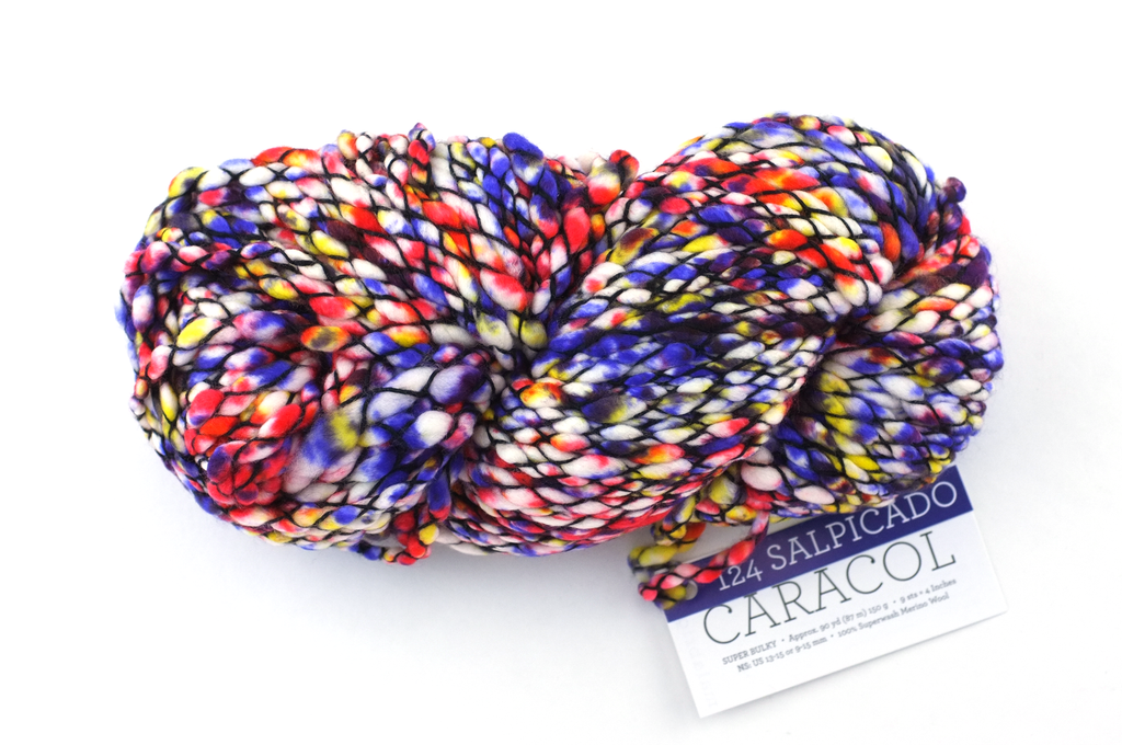 Malabrigo Caracol in color Salpicado, #124, Super Bulky thick and thin superwash merino knitting yarn in splash primaries - Purple Sage Yarns