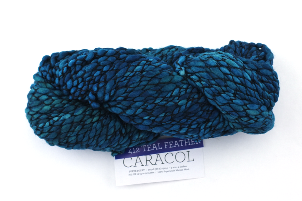 Malabrigo Caracol in color Teal Feather #412, Super Bulky thick and thin superwash merino knitting yarn in tealy shades - Purple Sage Yarns