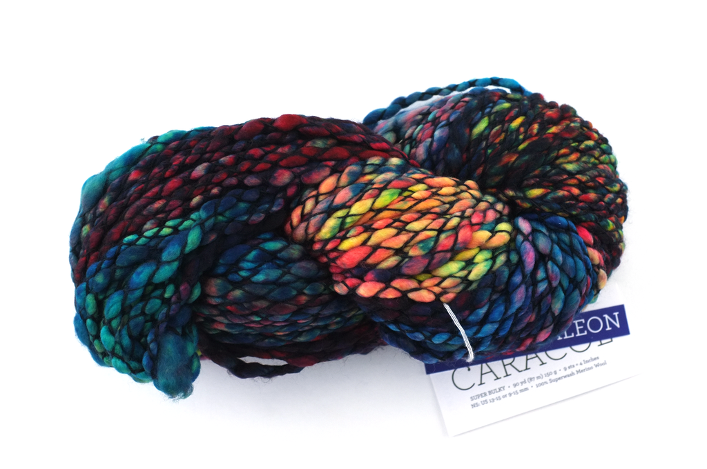 Malabrigo Caracol in color Camaleon, #684, Super Bulky thick and thin superwash merino knitting yarn in blues, reds - Purple Sage Yarns