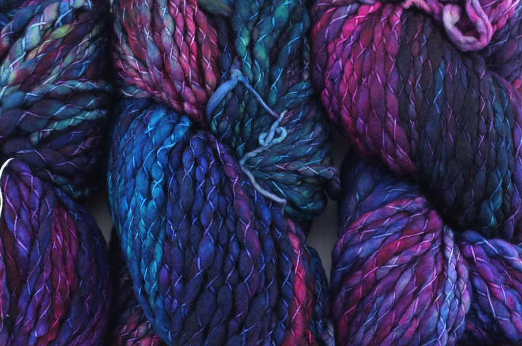 Malabrigo Caracol in color Fortaleza, #722, Super Bulky thick and thin superwash merino knitting yarn in blues, rose - Purple Sage Yarns