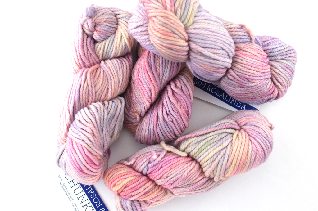 Malabrigo Chunky in color Rosalinda, Bulky Weight Merino Wool Knitting Yarn, pinks, peach, lilac, #398 - Purple Sage Yarns