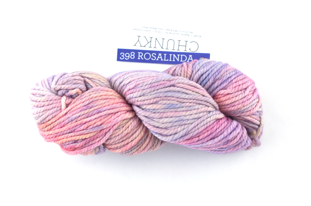 Malabrigo Chunky in color Rosalinda, Bulky Weight Merino Wool Knitting Yarn, pinks, peach, lilac, #398 - Purple Sage Yarns