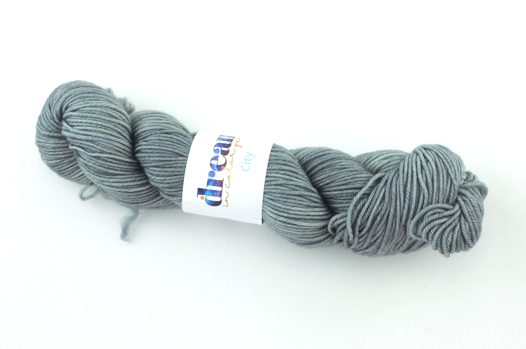 Dream in Color City in color Gray Tabby 003, aran weight superwash wool knitting yarn, medium gray, semi-solid from Purple Sage Yarns