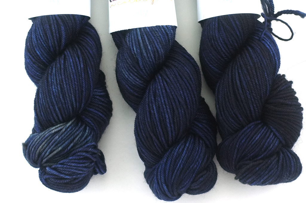 Dream in Color City in color Indigo 724, aran weight superwash wool knitting yarn, indigo blue shades from Purple Sage Yarns