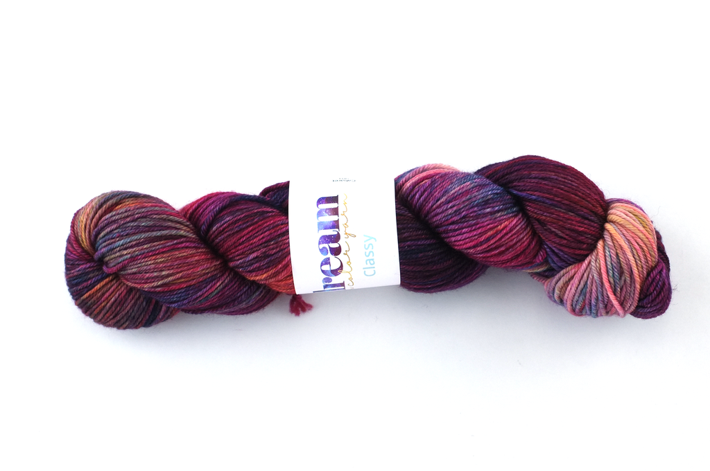 Dream in Color Classy color Cabaret 901, worsted weight superwash wool knitting yarn, magenta, burgundy, rainbow hues from Purple Sage Yarns