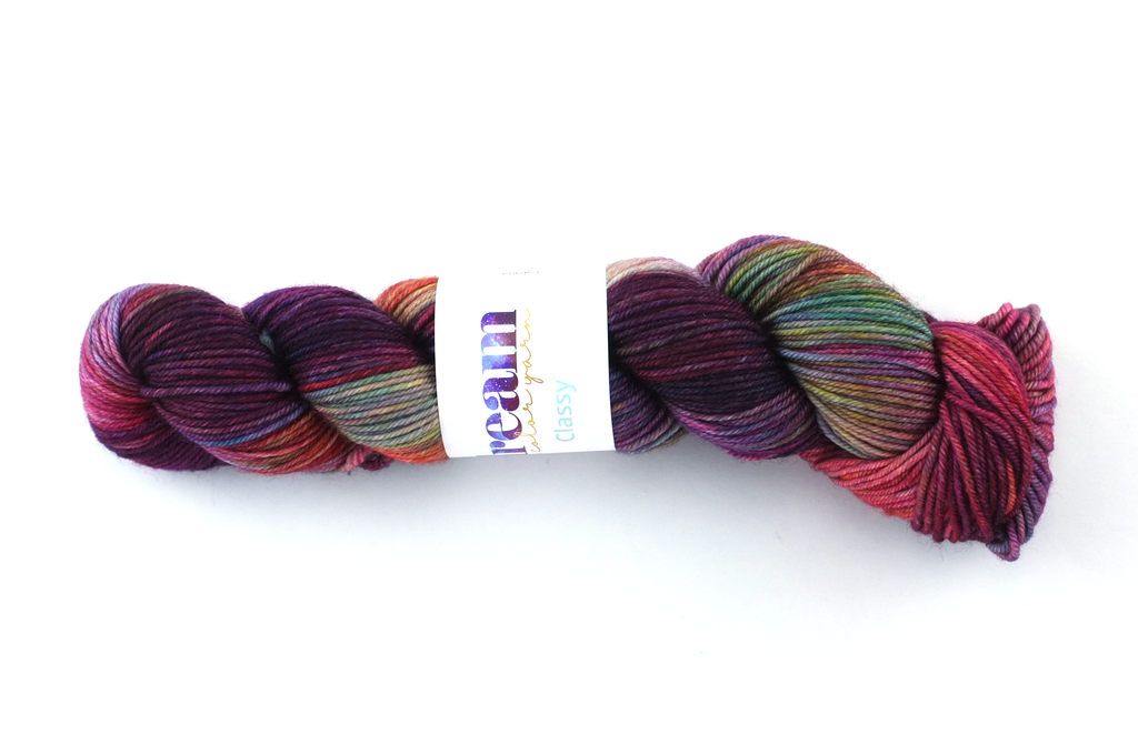 Dream in Color Classy color Cabaret 901, worsted weight superwash wool knitting yarn, magenta, burgundy, rainbow hues from Purple Sage Yarns