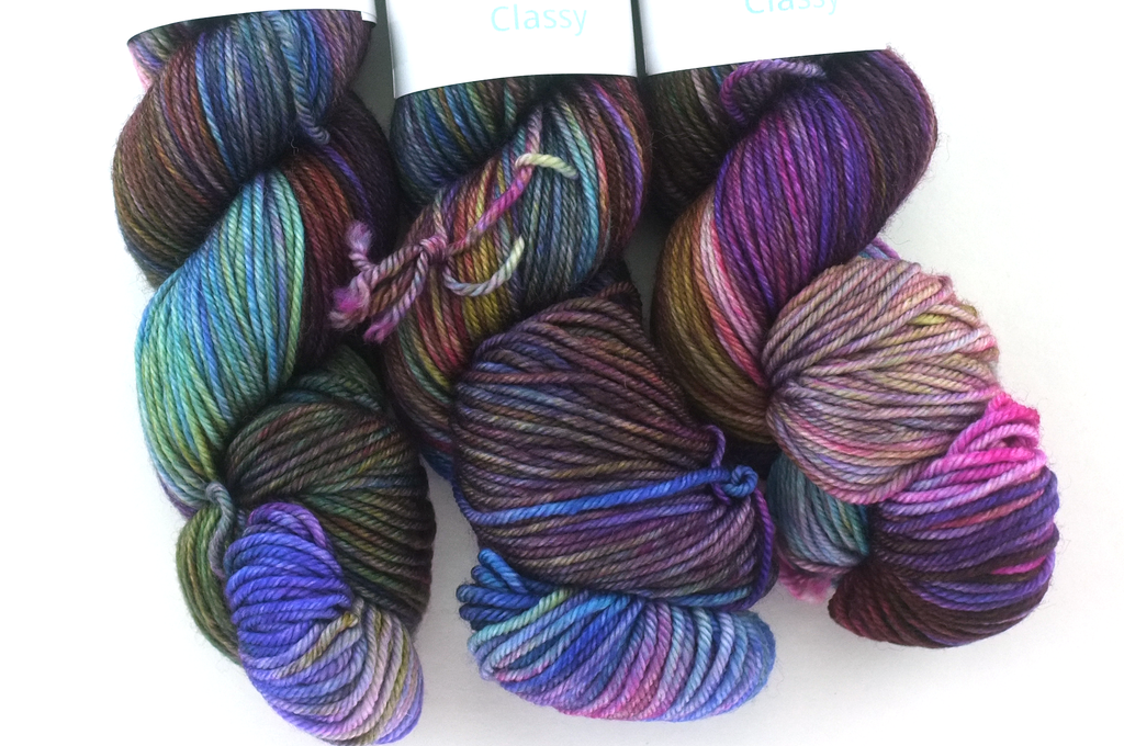 Dream in Color Classy color My Fair Lady 910, worsted weight superwash wool knitting yarn, purple, brown, blue, pink