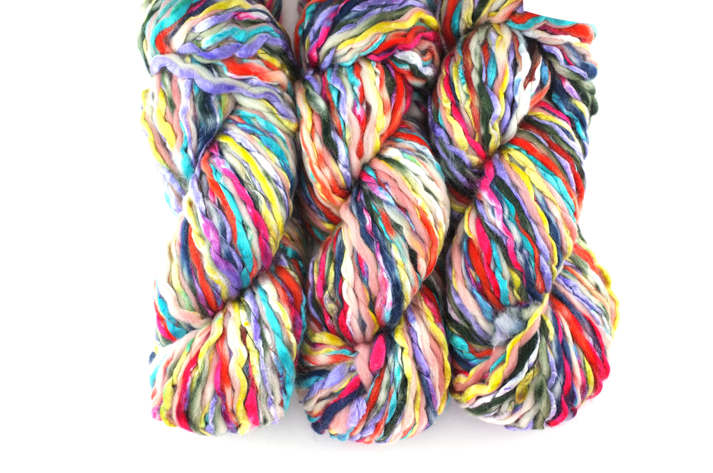 Super Bulky weight Enorme in Ribbon 14, red, yellow, off-white, wool blend yarn by Louisa Harding from Purple Sage Yarns