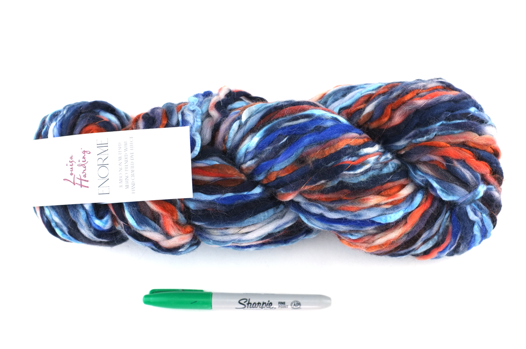 Super Bulky weight Enorme in Twilight 15, orange, blue, black, wool blend yarn by Louisa Harding from Purple Sage Yarns