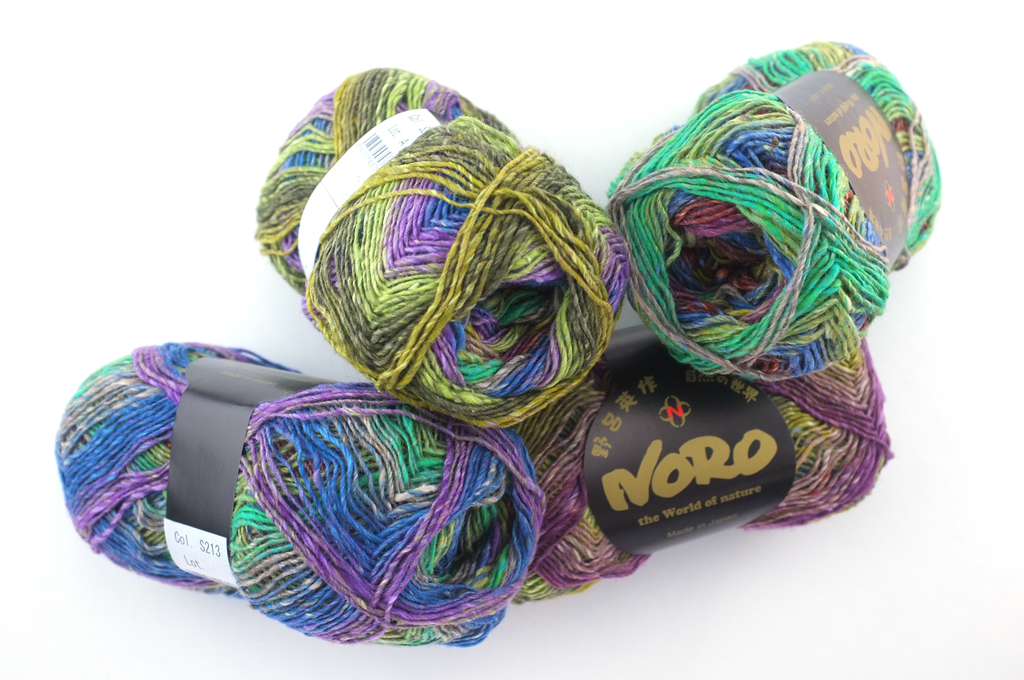 Noro Silk Garden Sock Color S213, wool silk mohair sport weight yarn, blue, olive, magenta from Purple Sage Yarns