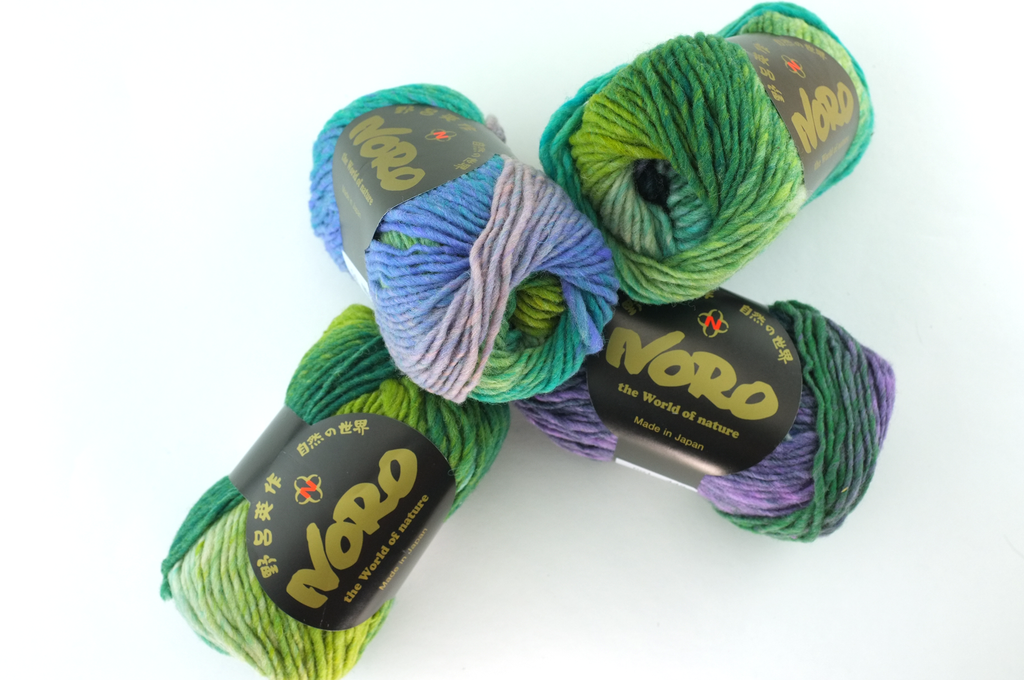 Noro Kureyon Color 449, Worsted Weight 100% Wool Knitting Yarn, soft periwinkle, bright greens from Purple Sage Yarns