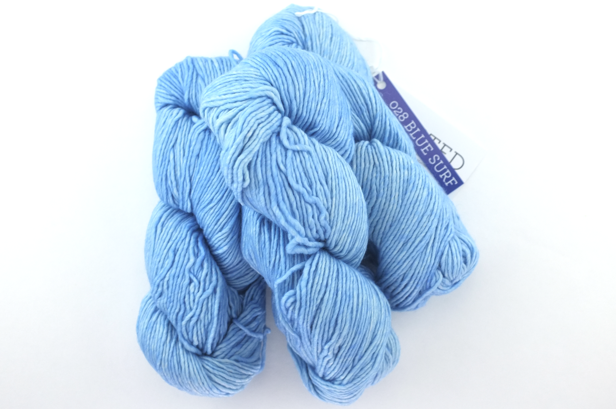 Malabrigo Worsted in color Blue Surf, #028, Merino Wool Aran Weight Knitting Yarn, warm light blue - Purple Sage Yarns