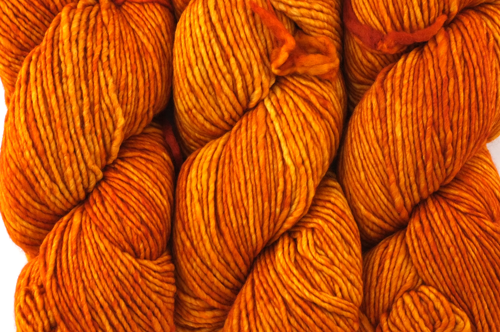 Malabrigo Worsted in color Sunset, Merino Wool Aran Weight Knitting Yarn, sunny yellow orange, #096 - Purple Sage Yarns