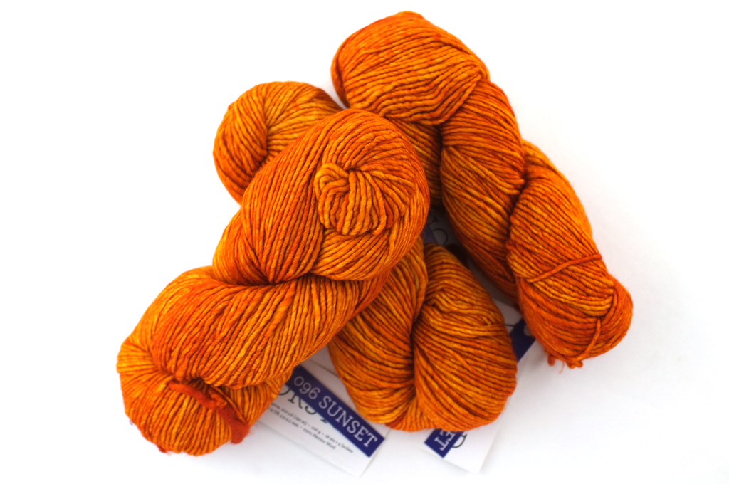Malabrigo Worsted in color Sunset, Merino Wool Aran Weight Knitting Yarn, sunny yellow orange, #096 - Purple Sage Yarns