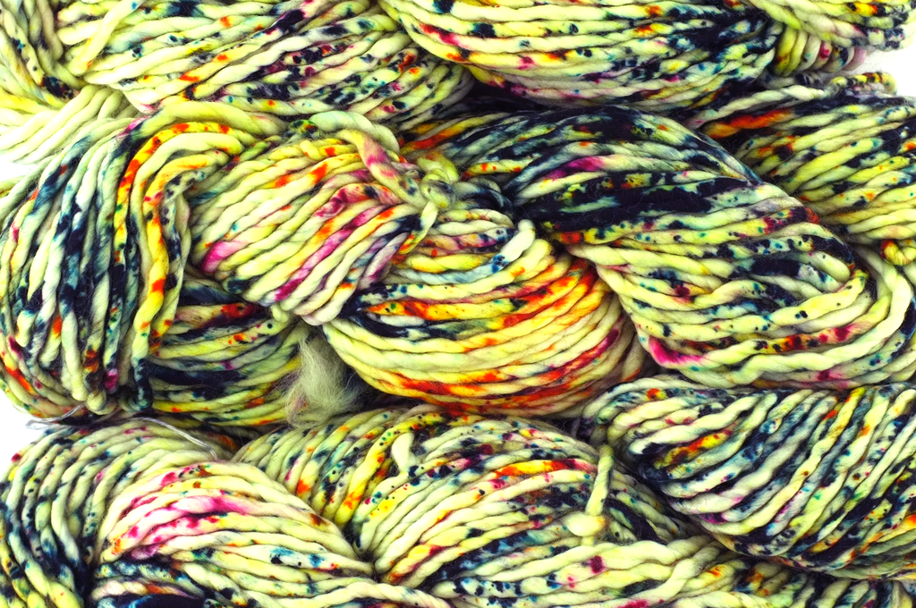 Malabrigo Noventa in color Sweetlip Bandas, Merino Wool Super Bulky Knitting Yarn, machine washable, bright splatter dye, #232 - Purple Sage Yarns