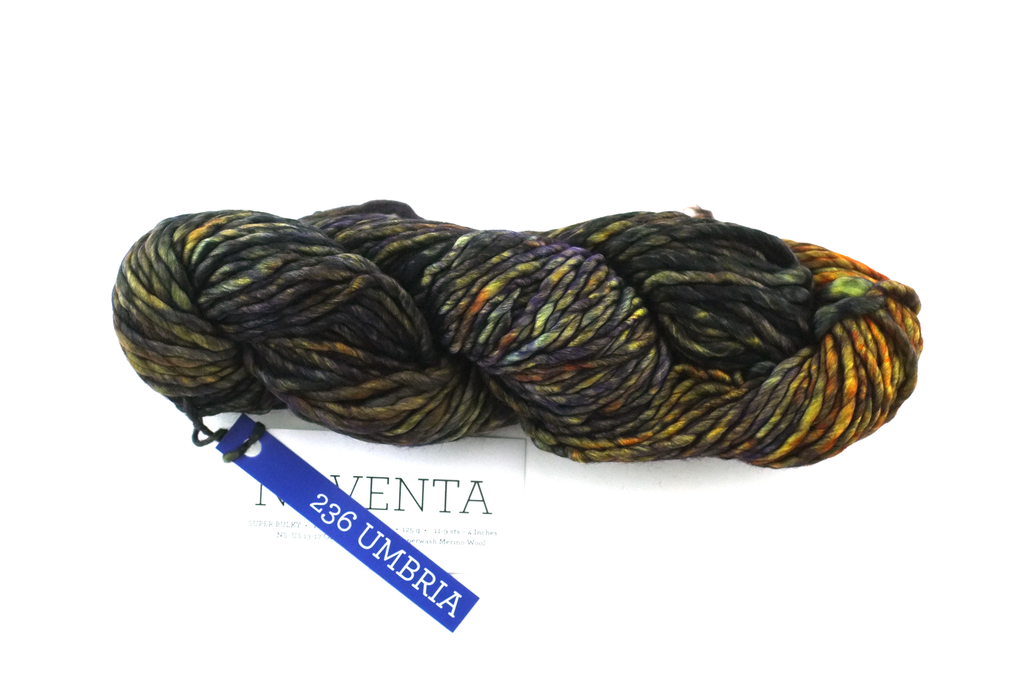 Malabrigo Noventa in color Umbria, Merino Wool Super Bulky Knitting Yarn, machine washable, dark blues with rust and green, #236 - Purple Sage Yarns