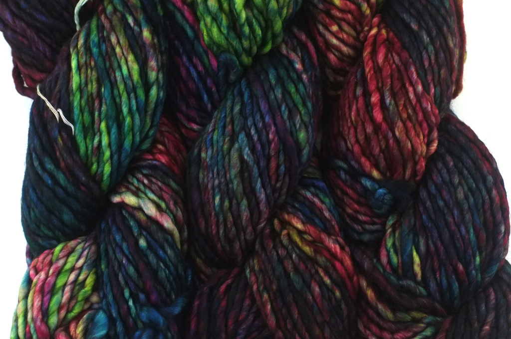 Malabrigo Noventa in color Fortaleza, Merino Wool Super Bulky Knitting Yarn, machine washable, dark rainbow shades, #722 - Purple Sage Yarns