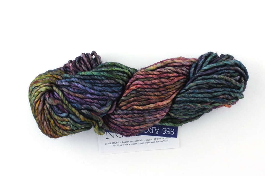 Malabrigo Noventa in color Arco Iris, Merino Wool Super Bulky Knitting Yarn, machine washable, rainbow shades, #866 - Purple Sage Yarns