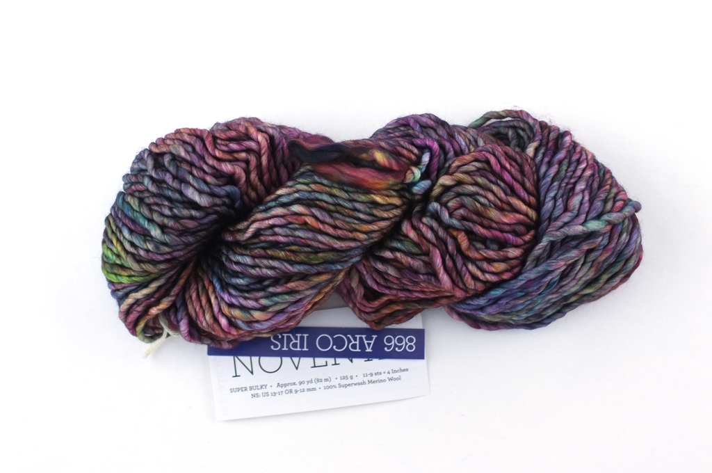 Malabrigo Noventa in color Arco Iris, Merino Wool Super Bulky Knitting Yarn, machine washable, rainbow shades, #866 - Purple Sage Yarns