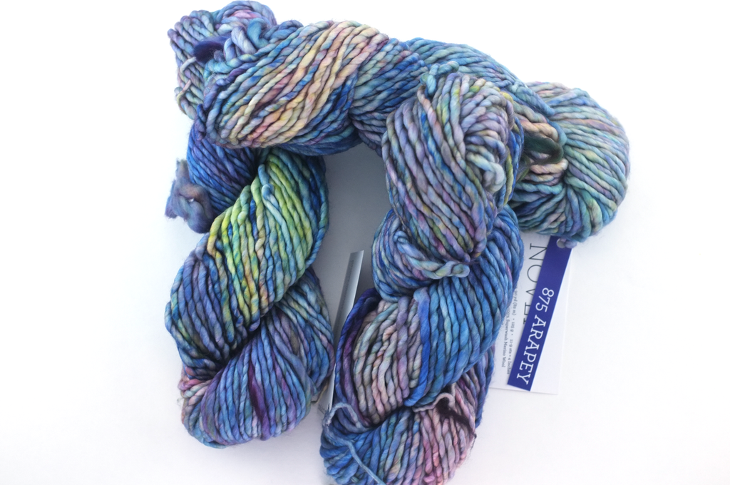 Malabrigo Noventa in color Arapey, Merino Wool Super Bulky Knitting Yarn, machine washable, watery blues and purples, #875 - Purple Sage Yarns