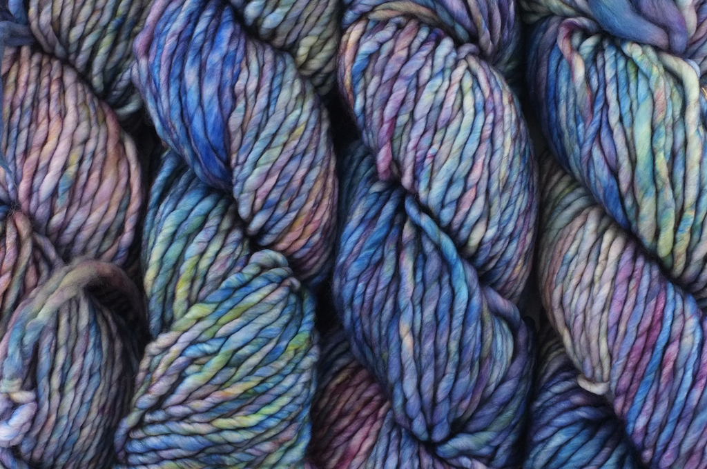 Malabrigo Noventa in color Arapey, Merino Wool Super Bulky Knitting Yarn, machine washable, watery blues and purples, #875 - Purple Sage Yarns