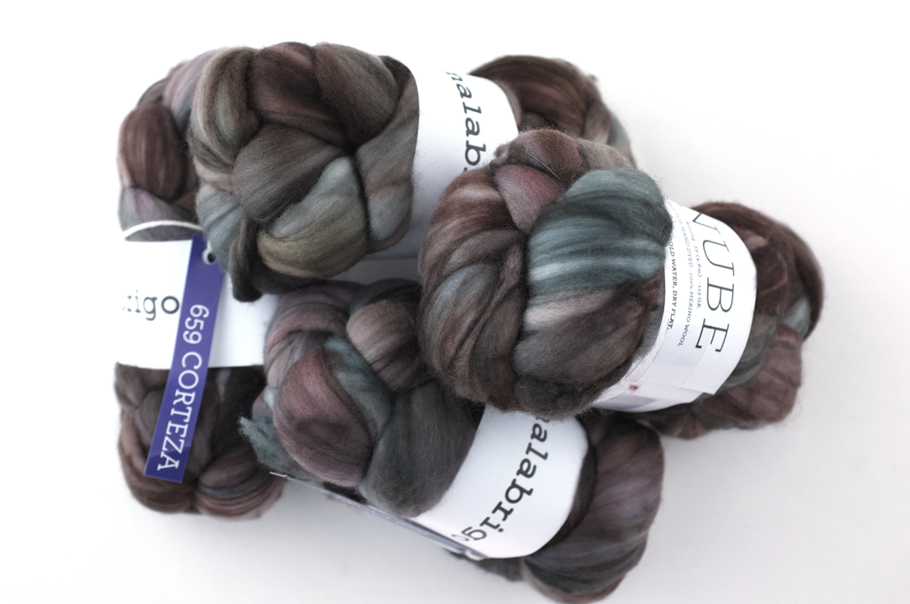 Malabrigo Nube, Corteza, blues with browns, color 659, merino spinning fiber from Purple Sage Yarns