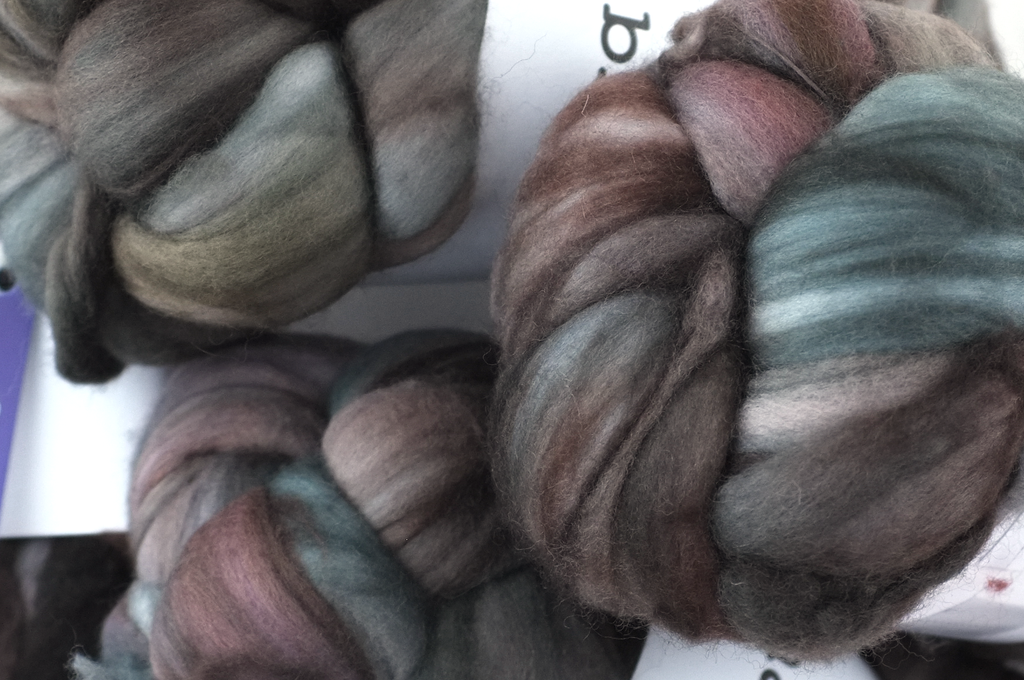 Malabrigo Nube, Corteza, blues with browns, color 659, merino spinning fiber from Purple Sage Yarns