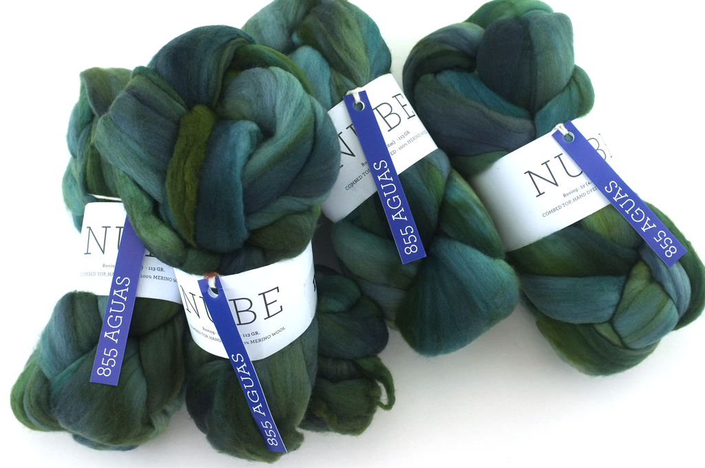 Malabrigo Nube, Aguas, blues and greens, color 855, merino spinning fiber from Purple Sage Yarns
