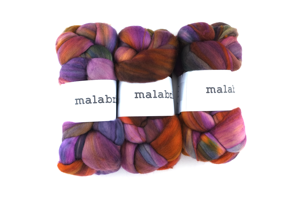 Malabrigo Fiber, Nube pure merino combed top, hand dyed in color Piedras, #862, orange, magenta - Purple Sage Yarns