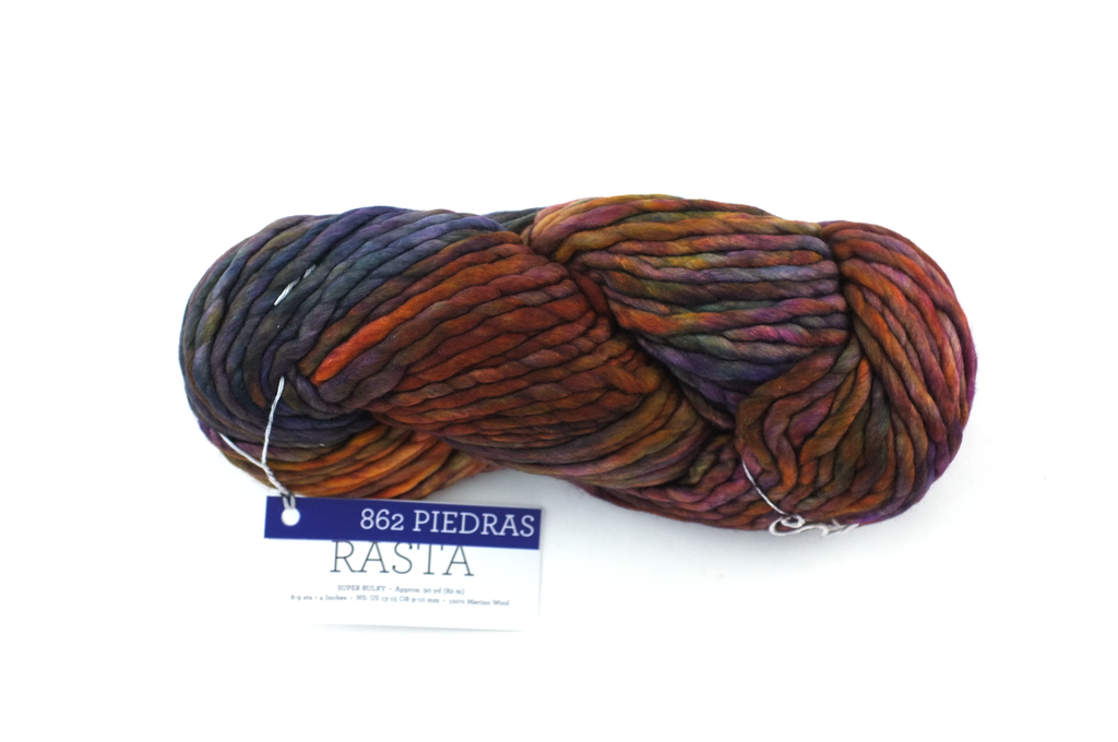 Malabrigo Rasta in color Piedras, Merino Wool Super Bulky Knitting Yarn, purples, rust, vermilion, #862 - Purple Sage Yarns