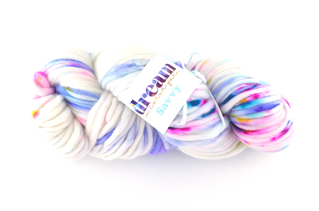 Savvy super bulky weight, color color Enchanted 576, off white with bright pastels, Dream in Color yarn from Purple Sage Yarns