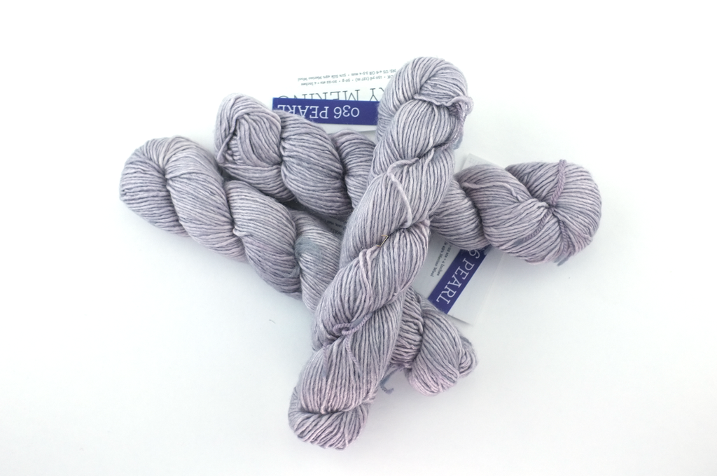 Malabrigo Silky Merino in color Pearl, DK Weight Silk and Merino Wool Knitting Yarn, light gray, #036 - Purple Sage Yarns