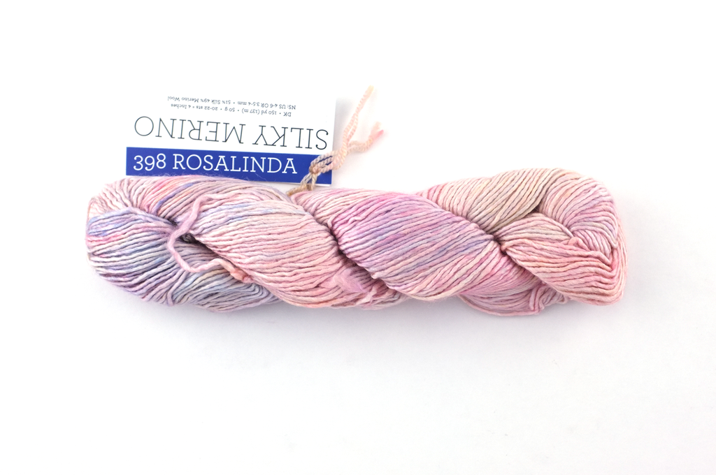 Malabrigo Silky Merino in color Rosalinda, DK Weight Silk and Merino Wool Knitting Yarn, pastel pinks and peach, #398 - Purple Sage Yarns