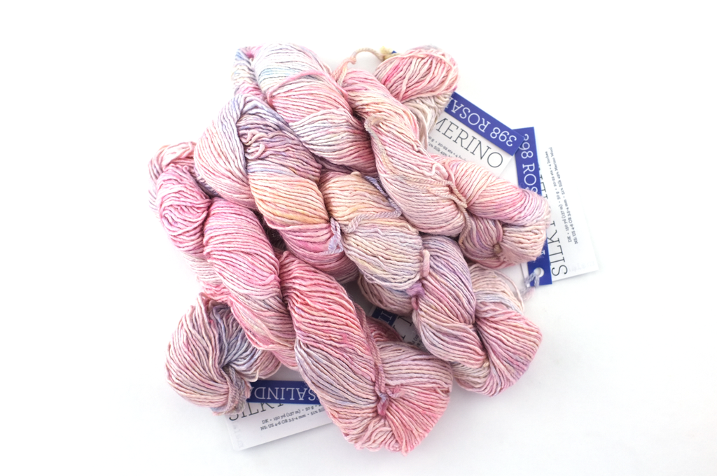 Malabrigo Silky Merino in color Rosalinda, DK Weight Silk and Merino Wool Knitting Yarn, pastel pinks and peach, #398 - Purple Sage Yarns