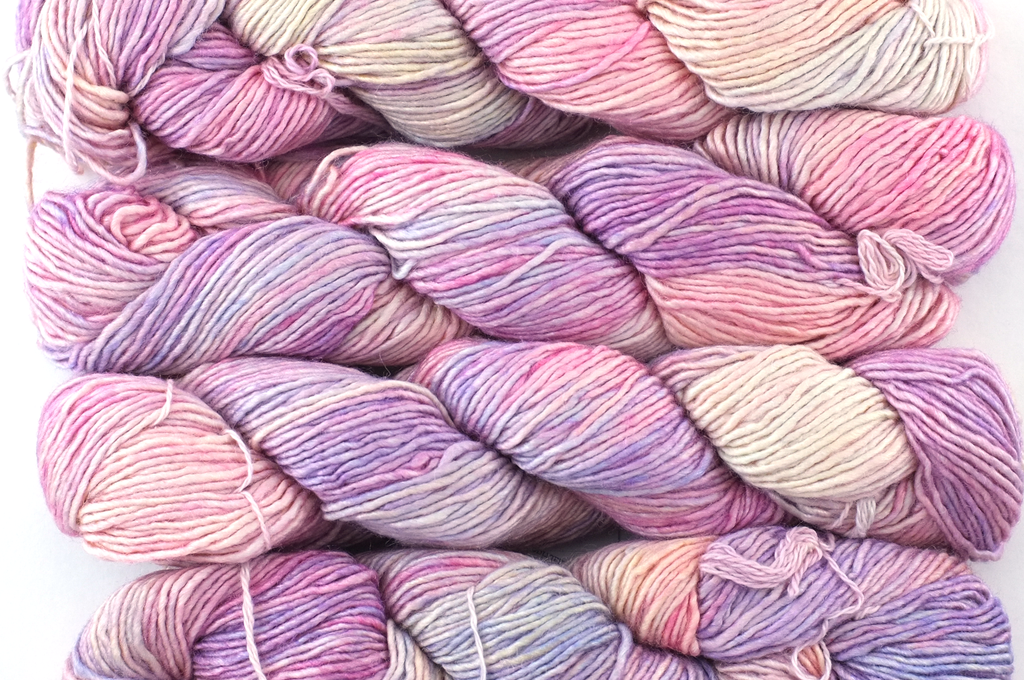 Malabrigo Silky Merino in color Rosalinda, DK Weight Silk and Merino Wool Knitting Yarn, pastel pinks and peach, #398 - Purple Sage Yarns