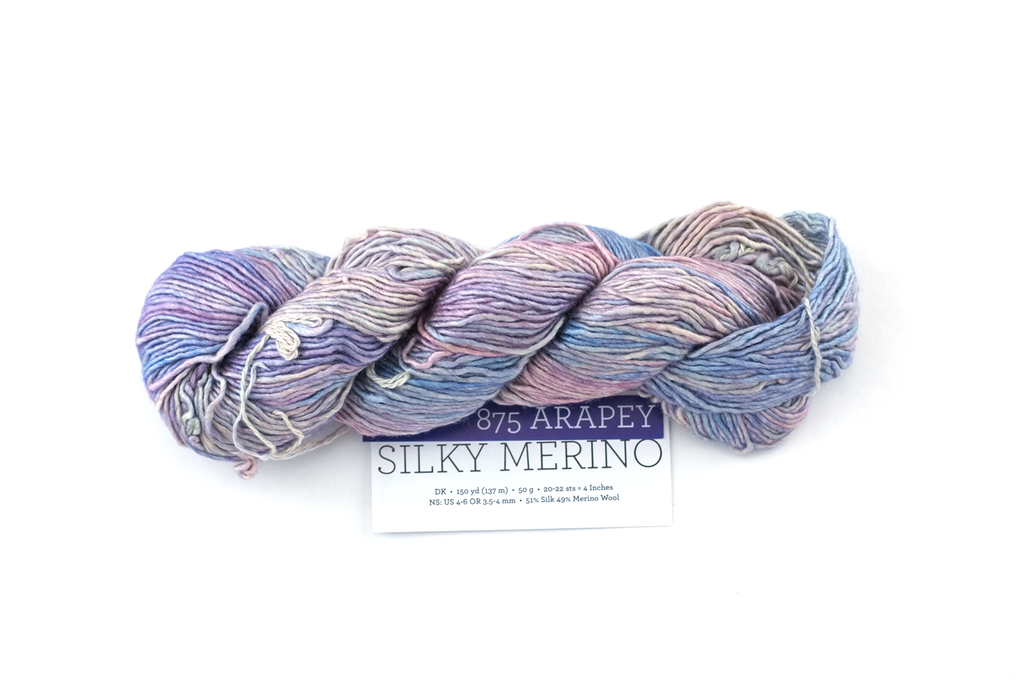 Malabrigo Silky Merino in color Arapey, DK Weight Silk and Merino Wool Knitting Yarn, blues, purples, #875 - Purple Sage Yarns