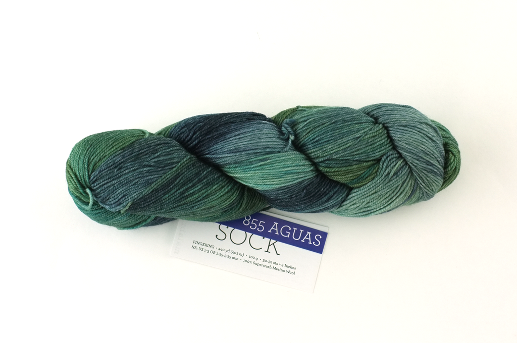 Malabrigo Sock in color Aguas, Fingering Weight Merino Wool Knitting Yarn, blues and greens, #855 - Purple Sage Yarns