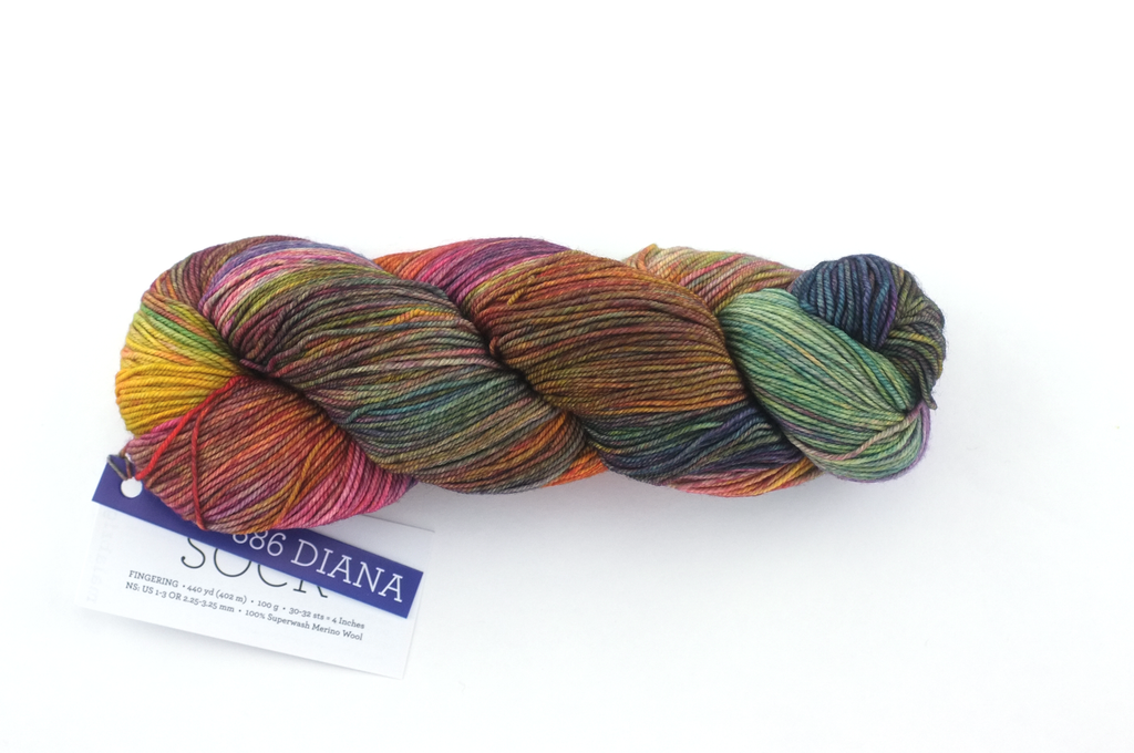 Malabrigo Sock in color Diana, Fingering Weight Merino Wool Knitting Yarn, greens, orange, reds, #886 - Purple Sage Yarns