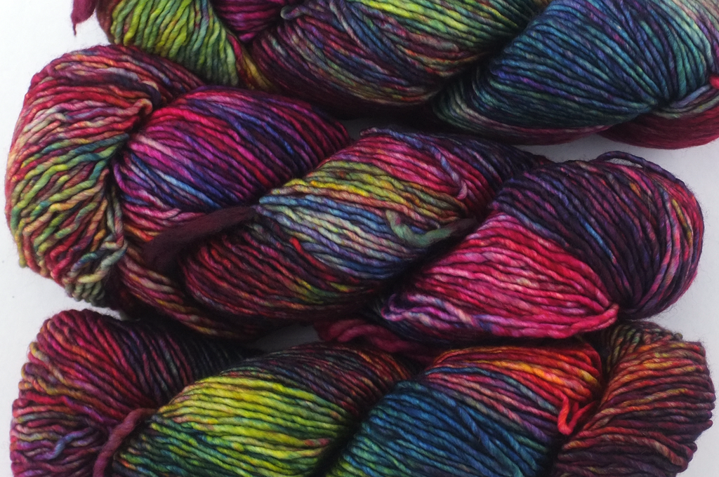 Malabrigo Washted in color Aniversario, Aran Weight Merino Superwash Wool Knitting Yarn, reds, greens, blues, rainbow, #005 - Purple Sage Yarns