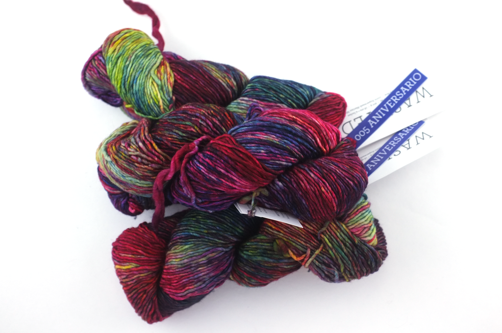 Malabrigo Washted in color Aniversario, Aran Weight Merino Superwash Wool Knitting Yarn, reds, greens, blues, rainbow, #005 - Purple Sage Yarns