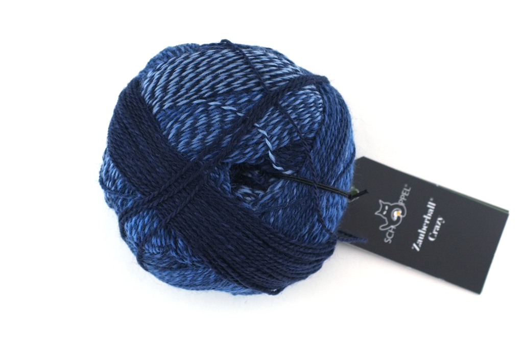 Crazy Zauberball, self striping sock yarn, color 1535 Stone-Washed, fingering weight yarn, denim blues from Purple Sage Yarns