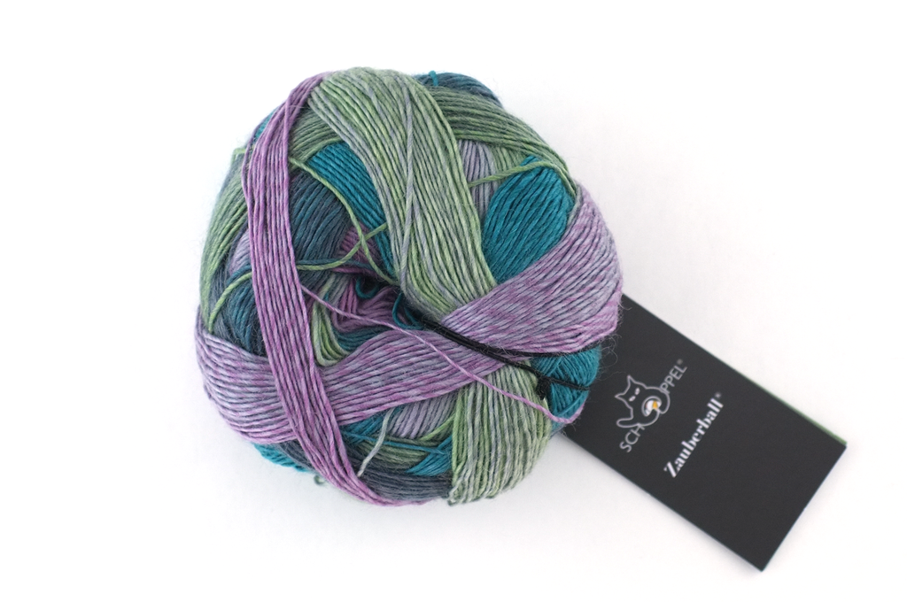 Zauberball, self striping sock yarn, color 2308 Smoking Area, fingering weight yarn, purple, teal from Purple Sage Yarns