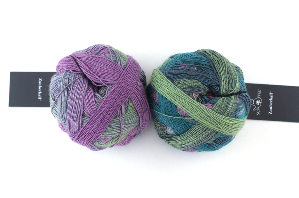 Zauberball, self striping sock yarn, color 2308 Smoking Area, fingering weight yarn, purple, teal from Purple Sage Yarns